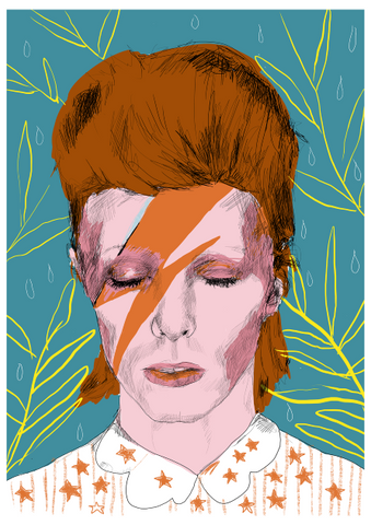 An print of david bowie with a teal background with plants hand drawn by artist Hannah Gilson