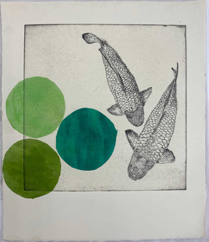 an Etching of Coy Fish with 3 different green circles underneath by artists Clare Halifax