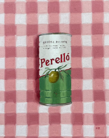 A hand painted tin of perello olives on a checkered red and white table cloth by artist Molly Braithwaite