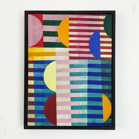 An abstract painting of horizontal lines and semi circles in yellow, orange, green, blue and pink by artist matt dosa.