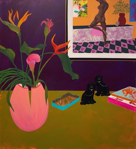 A vibrant still life with a plant in a pot and dog statues. Painted by artist dawn beckles