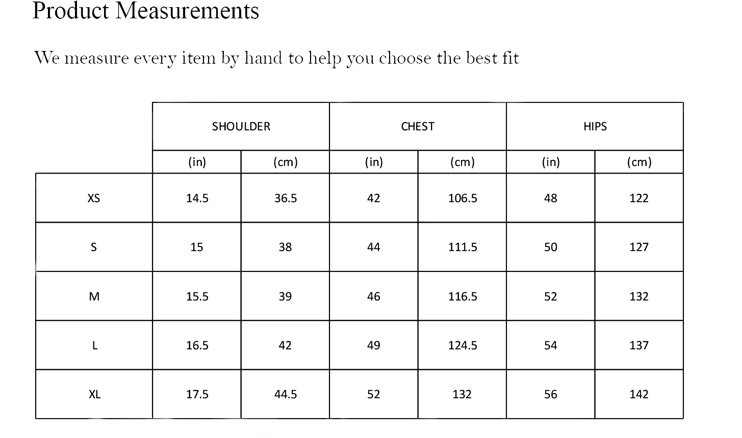 Kurta Size chart