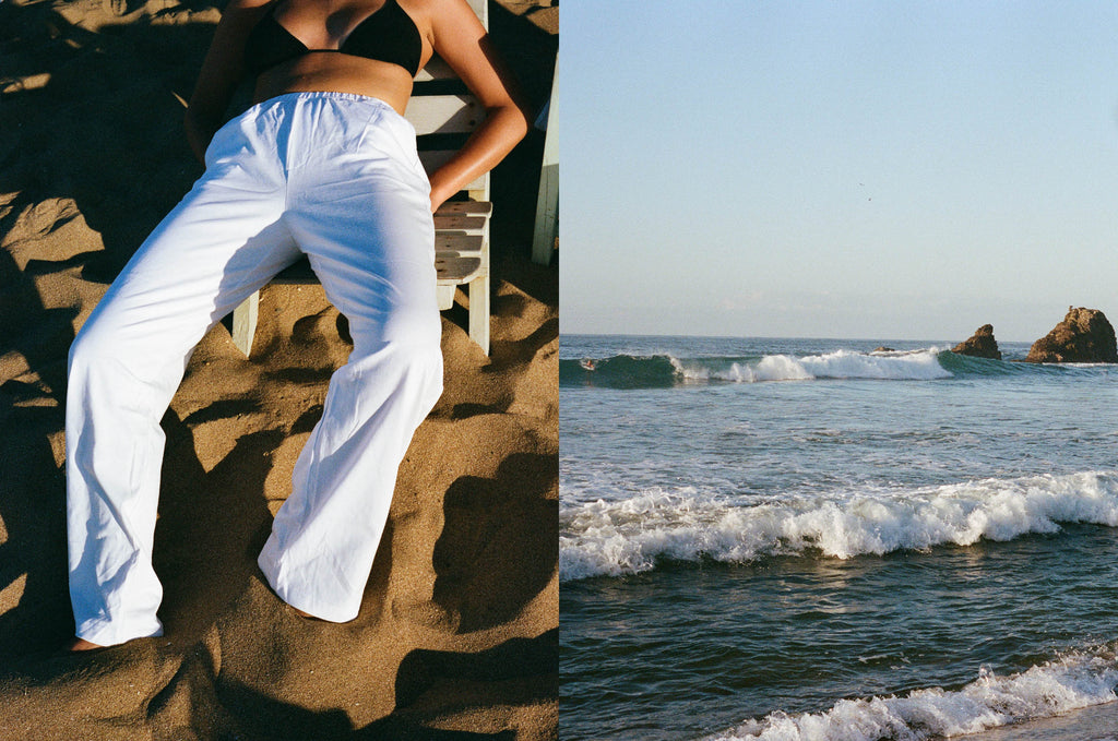 Le Pantalon en coton blanc OMEAR, porté sur une plage lors de notre voyage au Mexique cet hivers