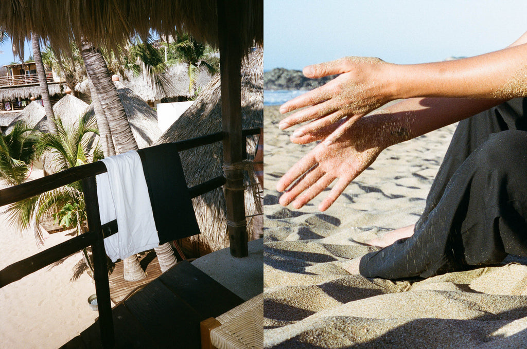 Le Pantalon en coton OMEAR disponible en blanc et en noir, pris en photo sur une plage au Mexique