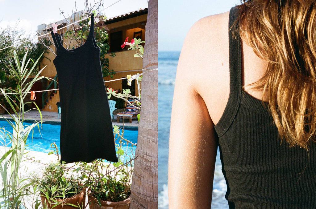 La Robe fines bretelles noire OMEAR portée à la piscine comme à la plage au Mexique