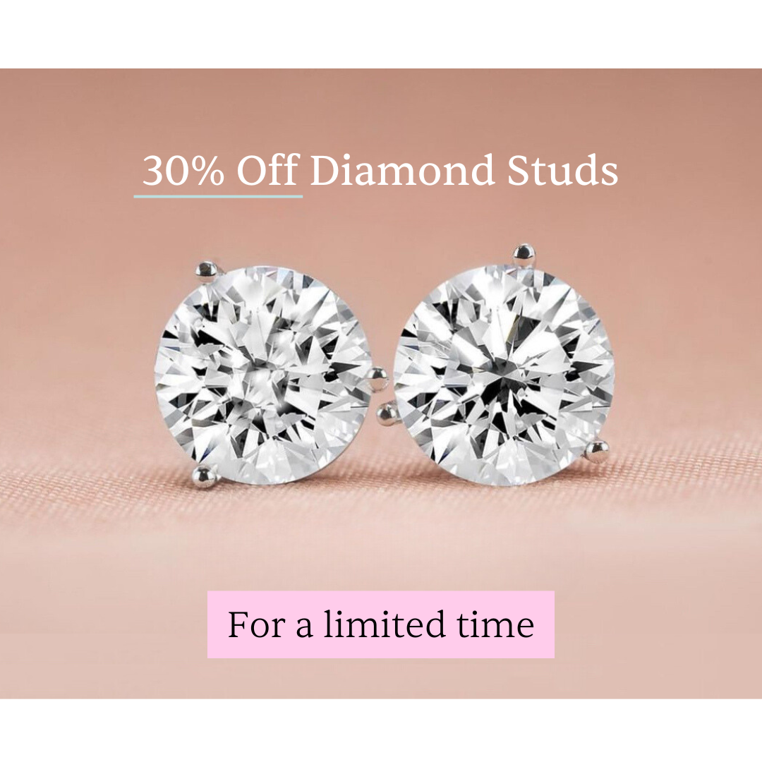 Diamond stud earrings with a '30% Off' and 'For a limited time' promotional text overlay.