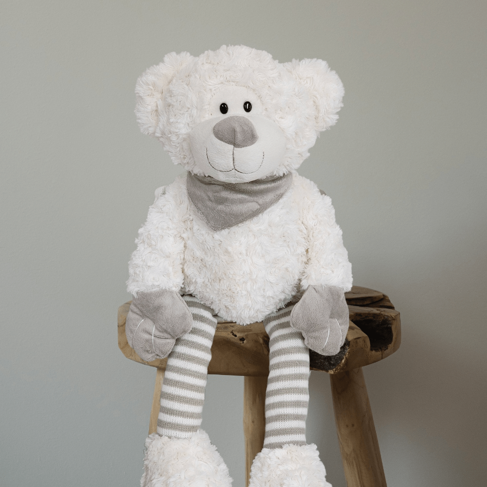 Plush White Teddy with Striped Legs