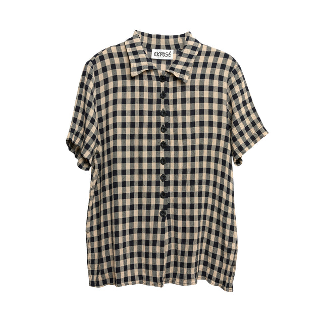 Gingham Seersucker Weave Acetate Rayon Short Sleeve Shirt