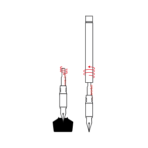 A diagram showing how to insert the nib of a LAMY fountain pen into an ink bottle for refilling