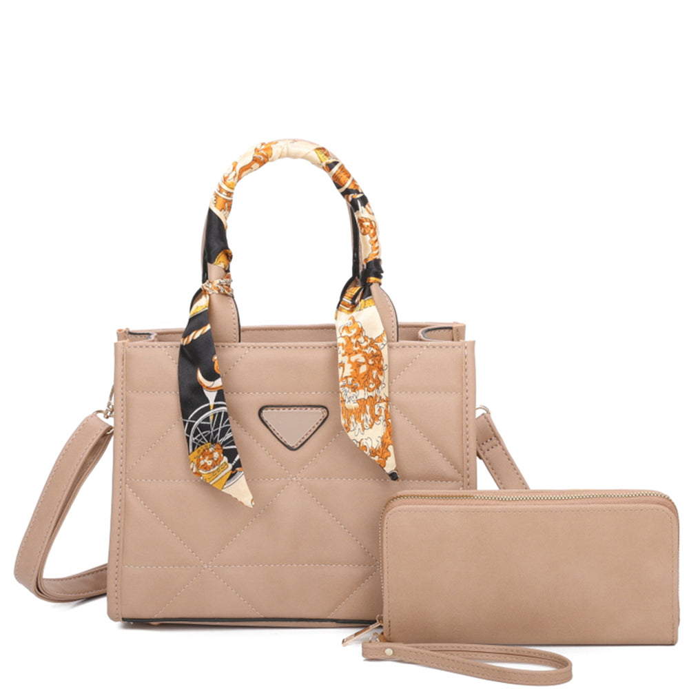 Crossbody Triangle Stitch Pattern Handbag & Matching Wallet Beige Set