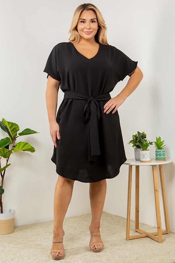 V-Neck Solid Black Lined Dress