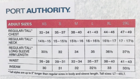 Port Authority Polo Shirts Size Chart