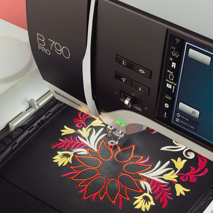 The BERNINA 790 Pro embroidering a floral design