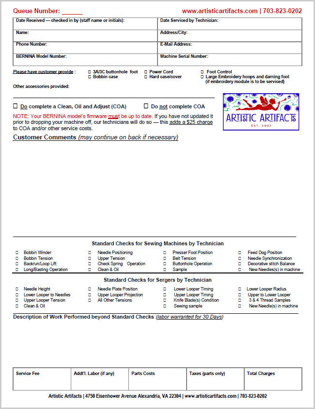 Click to download the Artistic Artifacts BERNINA Service Department check-in form