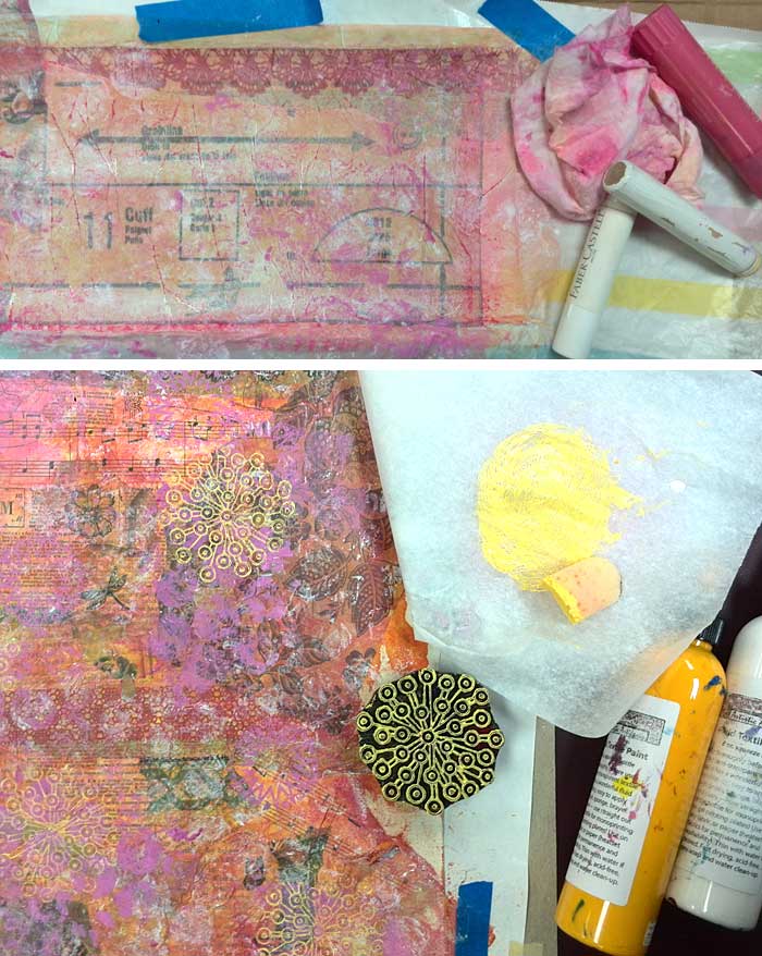 Sharon McDonagh adding paint, block printing and Gelatos to her paper cloth