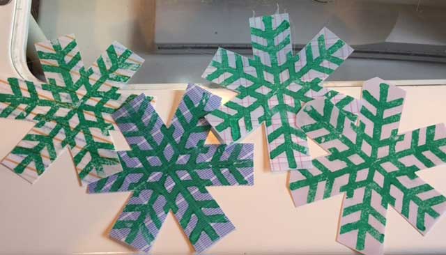 Trimmed fabric block printed snowflakes