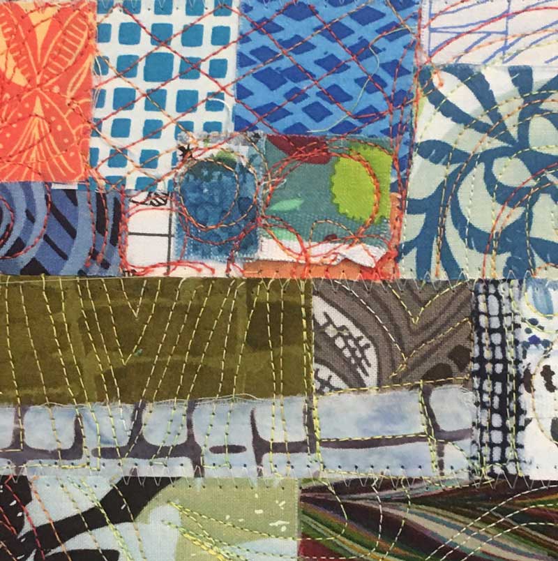 Free-motion stitching on Judy Gula's fabric postcards
