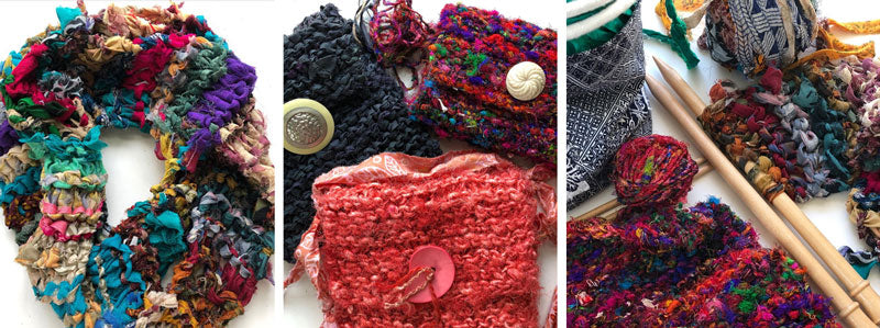 Knitting and crocheting with sari ribbon and yarn