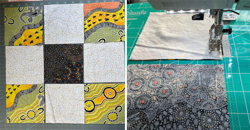 Piecing a nine patch quilt block