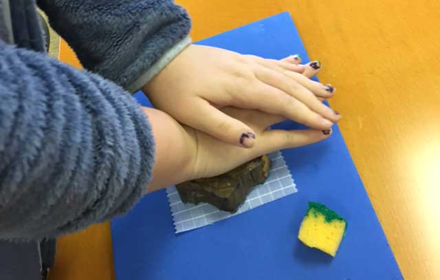 Block printing onto Terial Magic treated fabric swatch