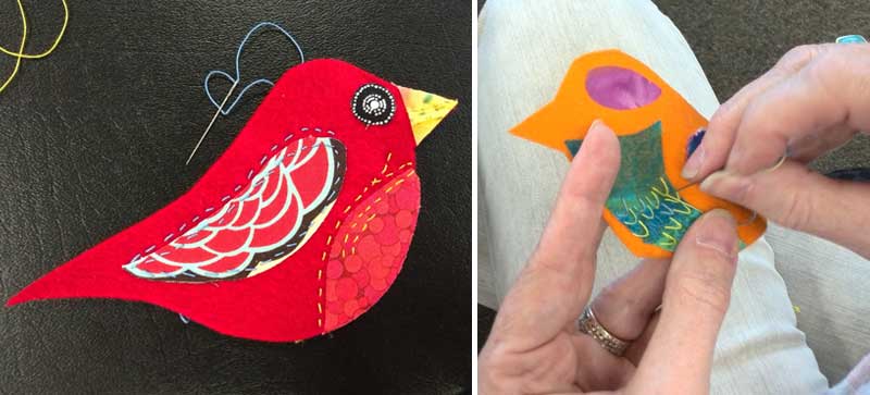 Felt and fabric birds being embellished with hand stitching using WonderFil threads