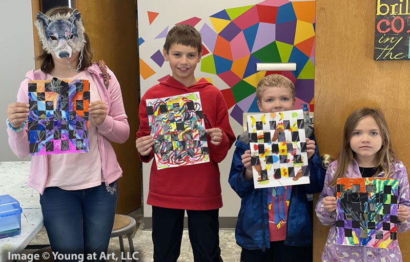 Young at Art, LLC students with paper weavings inspired by Judy Gula of Artistic Artifacts