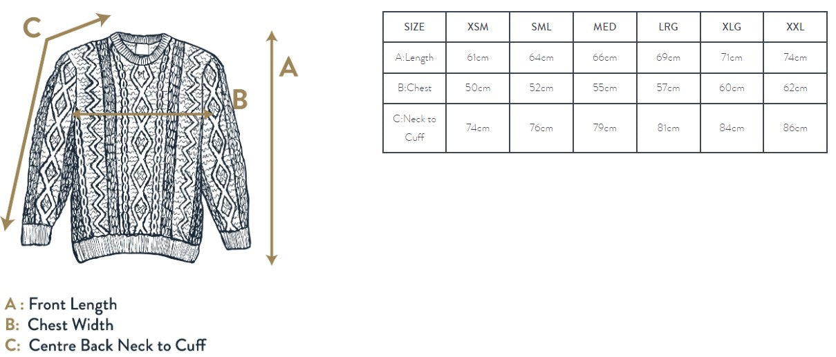 Size Guide - Aran Mills - Supersoft Merino Wool - Unisex Aran Sweater