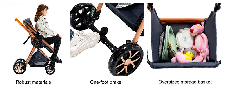 Robust materials, One-foot brake, Oversized storage basket