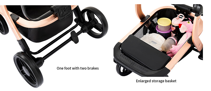 Larger storage basket and one-foot brake.