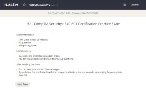 TestOut Security Pro CompTIA Security+ Practice Exam