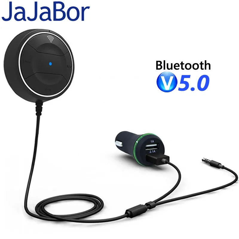 JaJaBor Bluetooth 5.0 Hands Free Car Kit with NFC Function +3.5mm AUX Receiver Music Aux Speakerphone 2.1A USB Car Charger