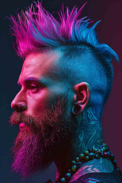Mohawk rosa-viola-blu con barba