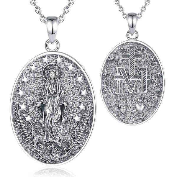 Collar de Plata de la Virgen Milagrosa con Cadena de 20 Pulgadas Xenos Jewelry