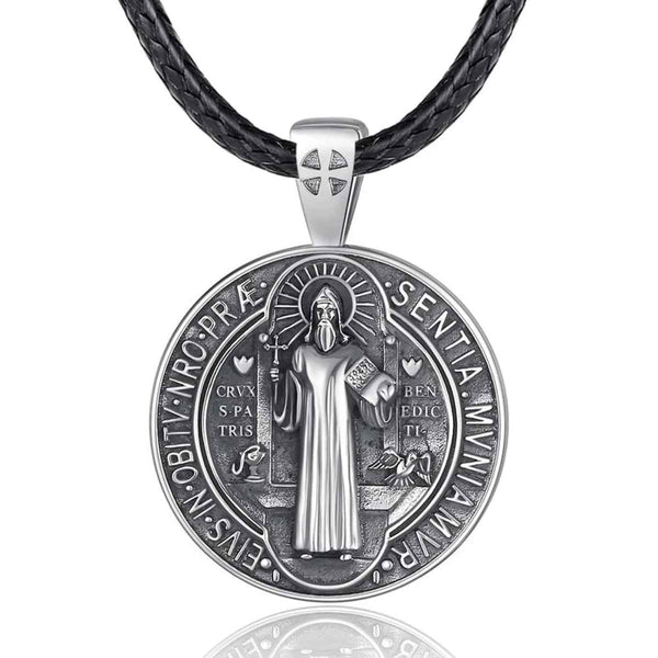 Collier Médaille de Saint Benoît en Argent avec Médaillon et Corde de 24 pouces - Xenos Jewelry