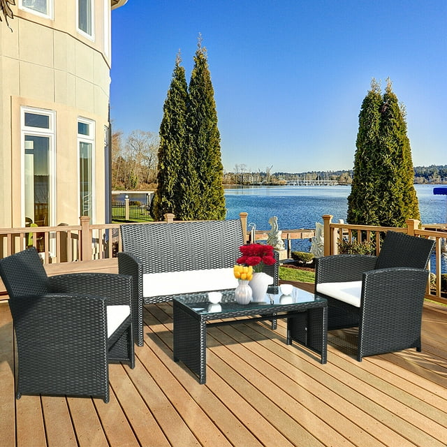 Big-nic 4 Pcs Patio Rattan Wicker Furniture Conversation Set Cushioned Sofa Table