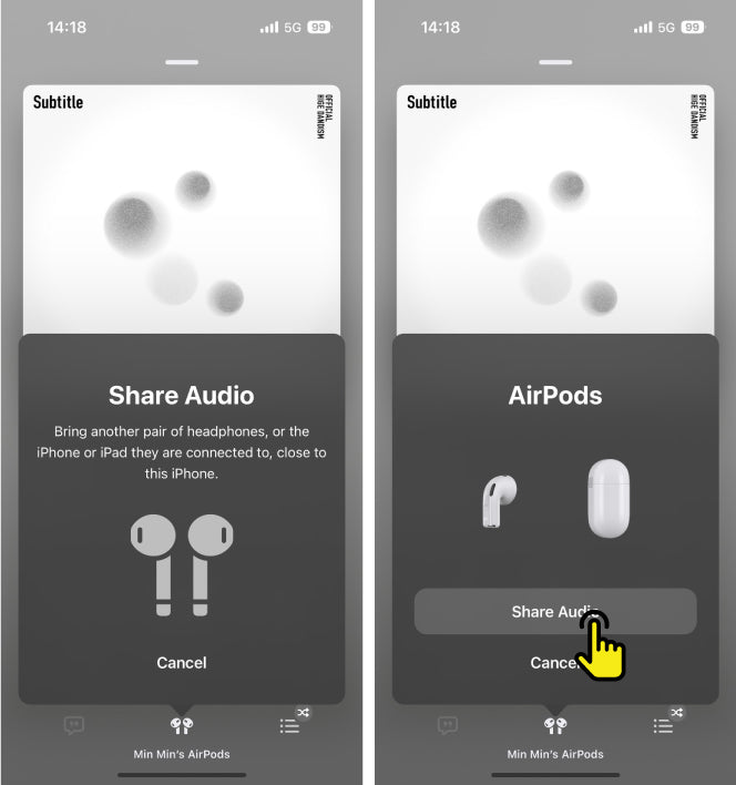 เอาหูฟังของเพื่อนมาไว้ใกล้กับ iPhone ของคุณ > แตะ แชร์เสียง (Share Audio)