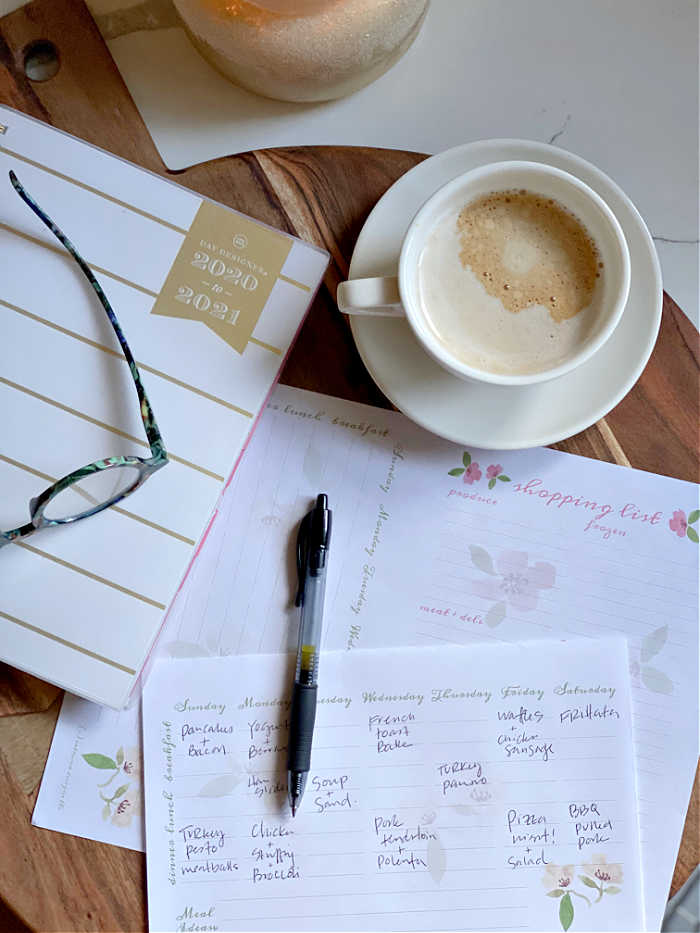 Meal planning worksheet with pen and coffee cup