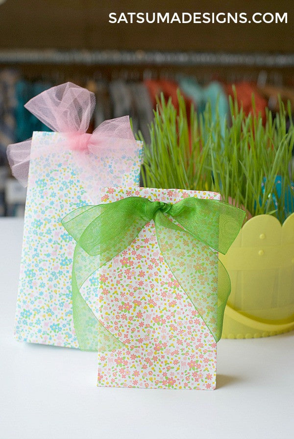 Paper gift bag with ribbons at top