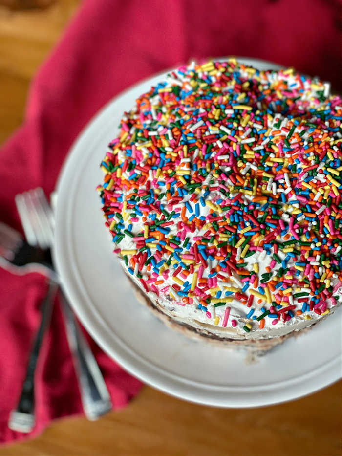 Ice cream cake with multi-colored sprinkles on top