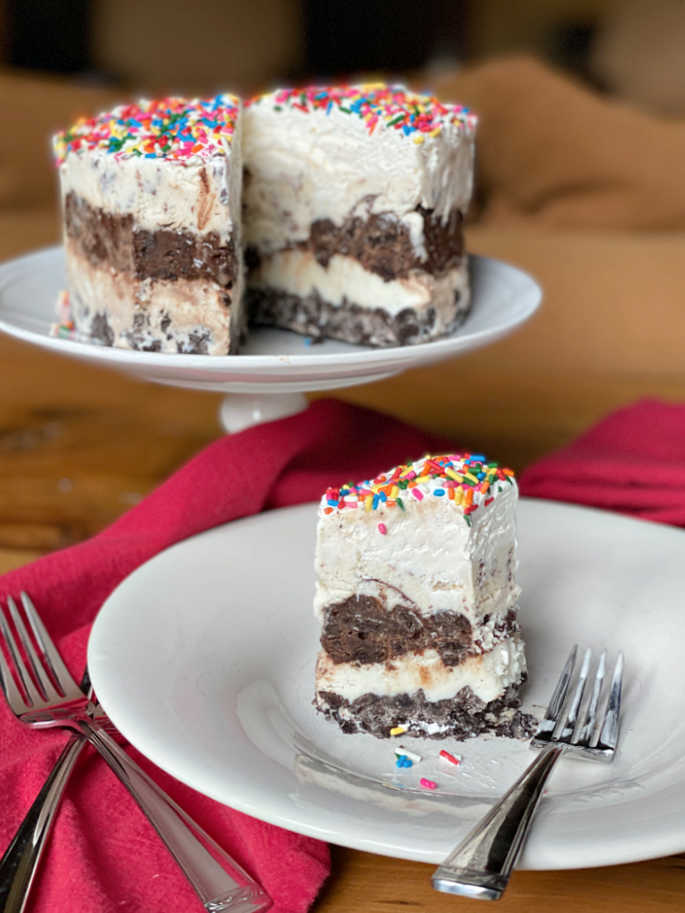 Slice of ice cream cake with fork