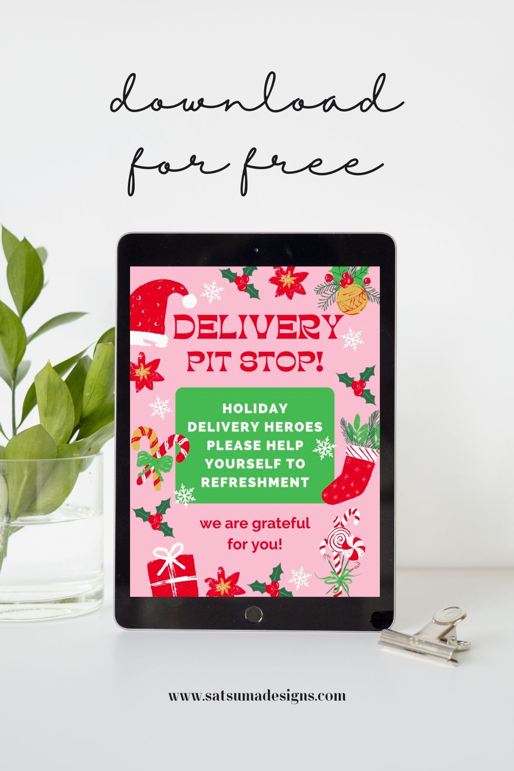 Mock up of device with holiday delivery driver refreshment station printable