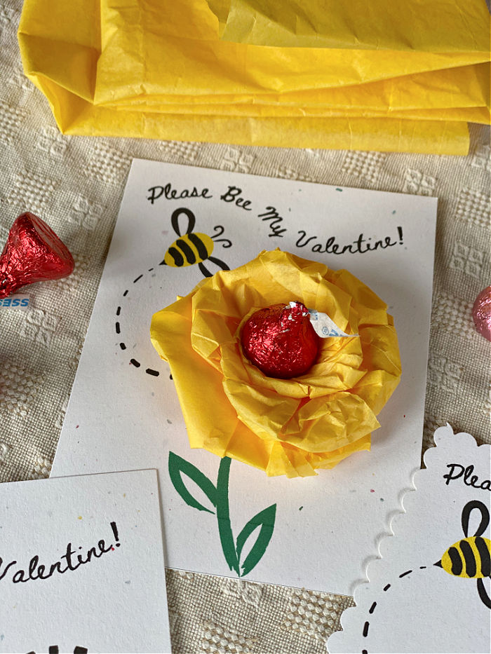Try my Please Bee My Valentine classroom cards for school Valentine's Day parties! These easy to make cards are easy with my free printable. #valentinesday #tissuepaper #tissuepapercrafts #homeschool