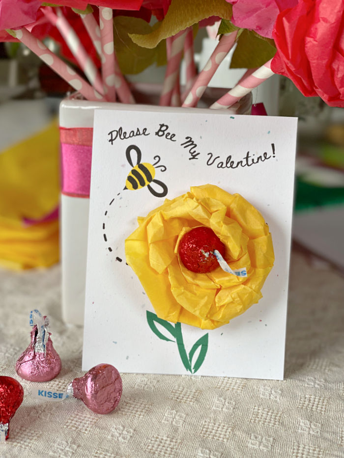 Try my Please Bee My Valentine classroom cards for school Valentine's Day parties! These easy to make cards are easy with my free printable. #valentinesday #tissuepaper #tissuepapercrafts #homeschool
