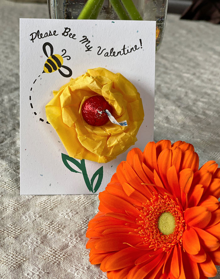 Try my Please Bee My Valentine classroom cards for school Valentine's Day parties! These easy to make cards are easy with my free printable. #valentinesday #tissuepaper #tissuepapercrafts #homeschool