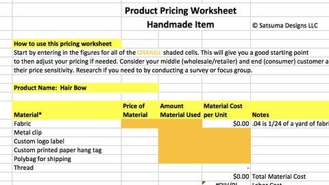 Product Pricing Worksheet for Handmade and Contract Sewn Items