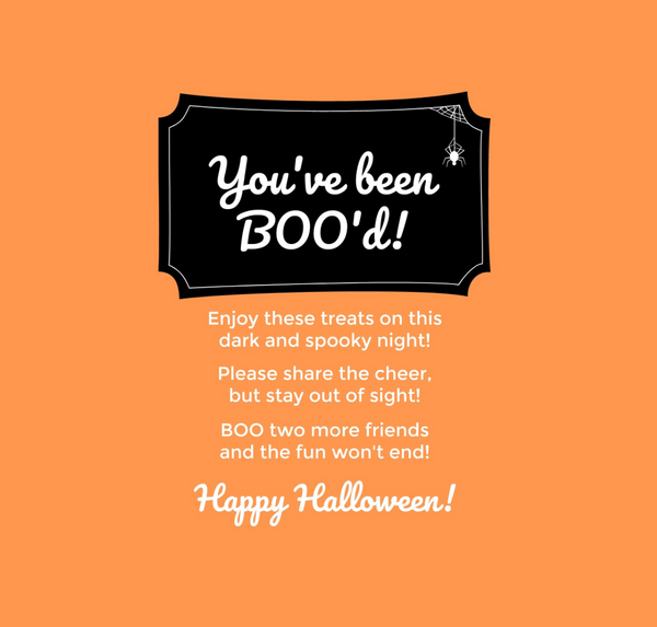 You've been boo'ed treat bag printable for Halloween magic this fall! Print our easy to fold and secure boo bag then fill it with treats. When you've been boo'd put our sign in the window too! #boo #halloween #youvebeenbood #youvebeenghosted #ghosted #halloweentreats #trickortreat #treats