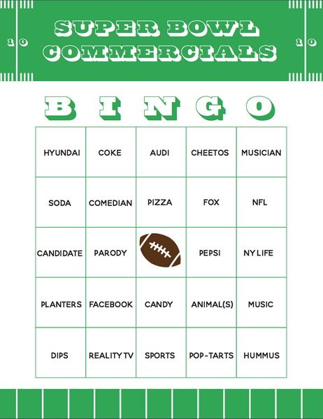 Super Bowl 54 Commercials Bingo Game Printable. Have fun at your Super Bowl party playing bingo with the commercials! Use these 4 versions. #superbowl #superbowl54 #superbowlLIV #bingo #printable #gameday #football #partygames #satsumadesigns