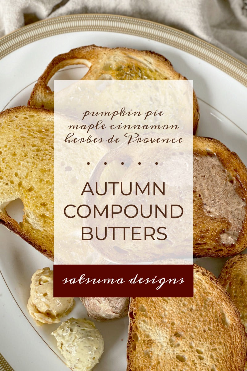 Savory and sweet Autumn compound butters in three yummy flavors including pumpkin pie, maple cinnamon and herbes de Provence. These butters take just minutes to make and can be use in all kinds of recipes for cooking and baking. Enjoy! #compoundbutter #butter #herbs #spices #pumpkinspice #pumpkinpie #cinnamon #Provence #salt #sugar #giftrecipes #hostessgift #prinables