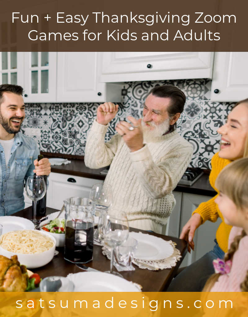 Photo of a family in kitchen eating Thanksgiving dinner and playing games