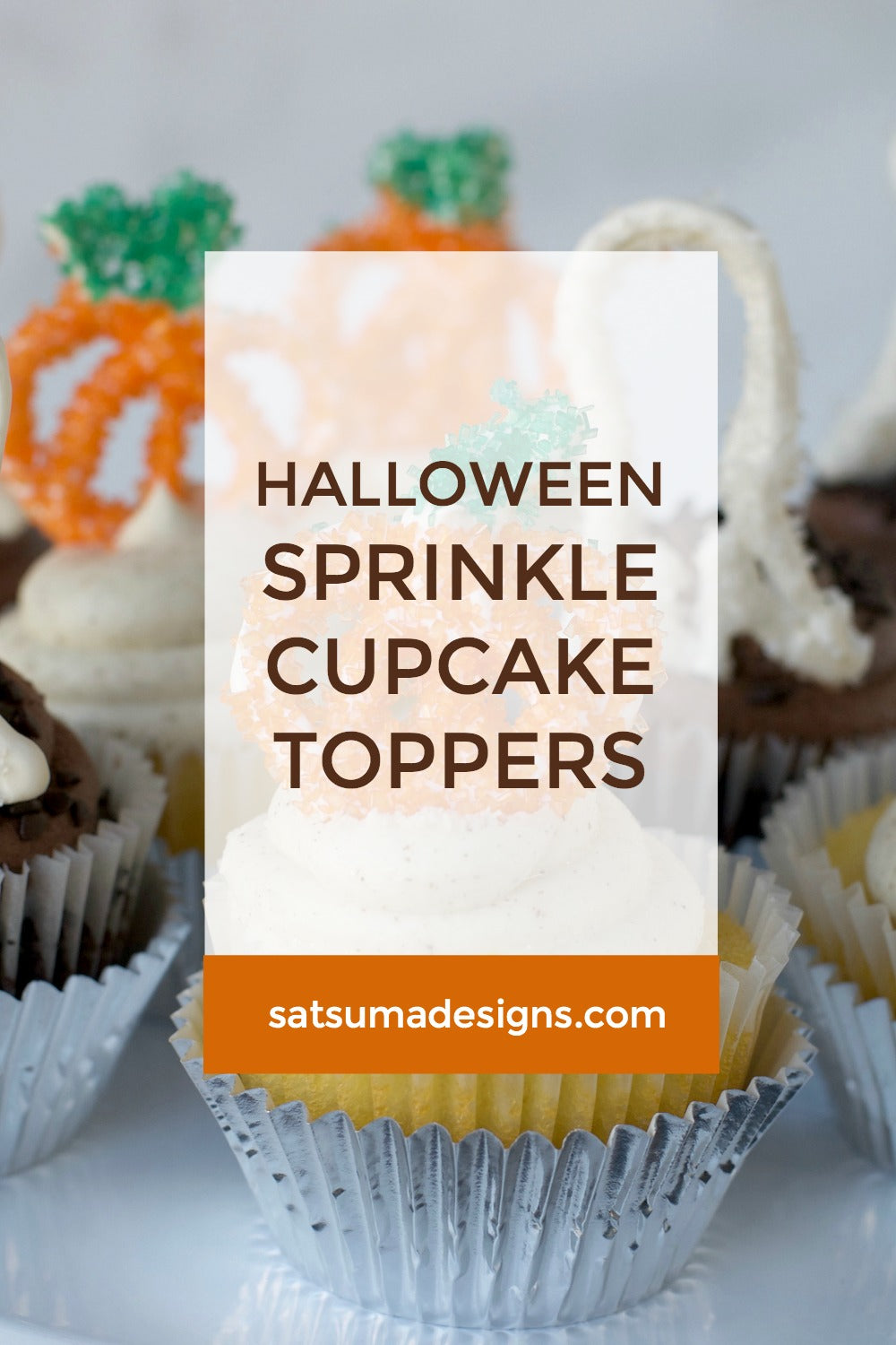 Halloween sprinkle cupcake toppers made from candy melts and decorated with sanding sugar take just minutes to make and leave a big impression! Perfect for Halloween parties #halloween #partyplanning #pumpkins #ghosts #cupcakes #candymelts #dessert